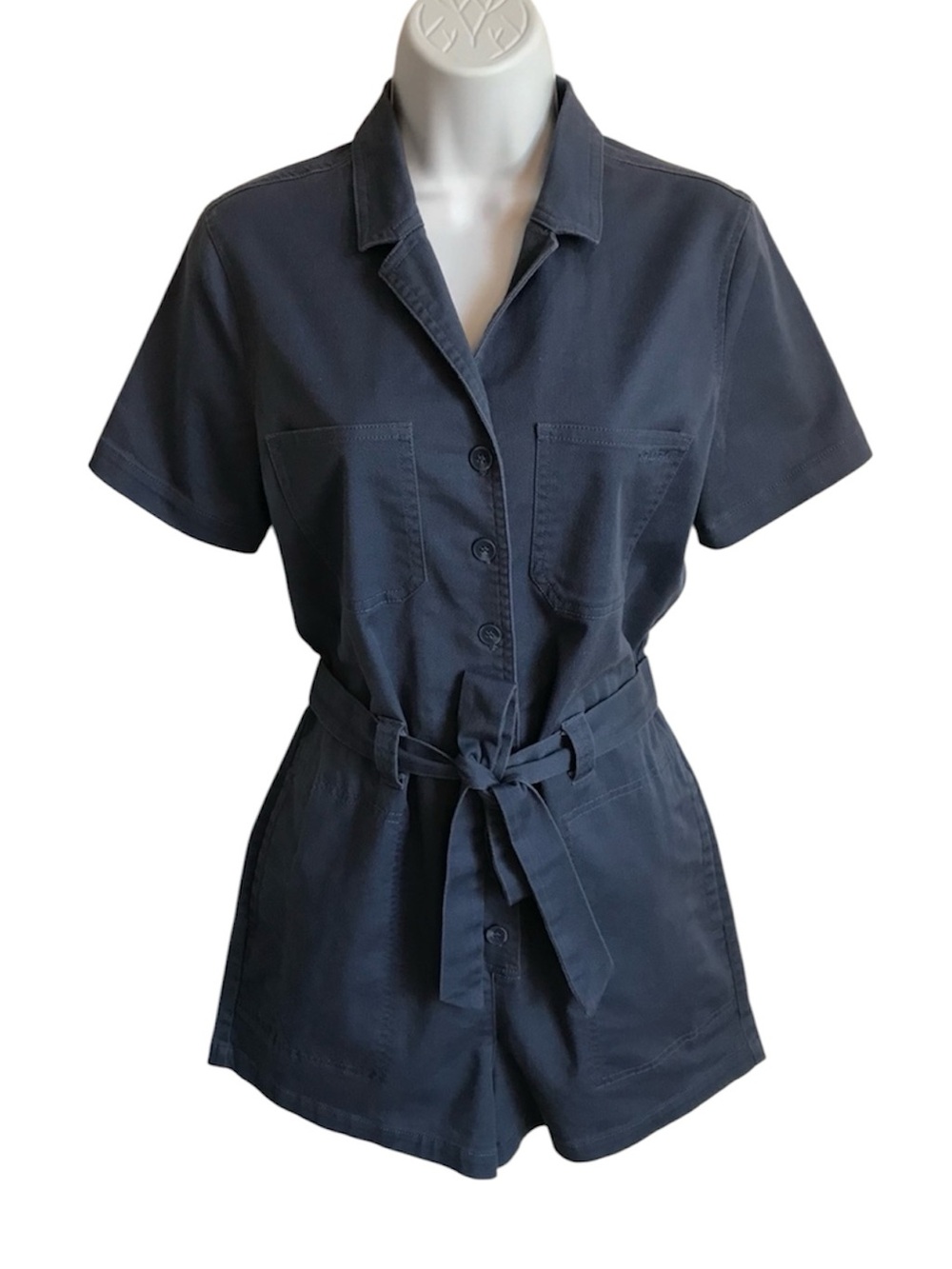 VOLCOM Women’s M Slate Blue Short-Sleeve Tie-Waist Utility Shorts Romper in EUC - Picture 2 of 16